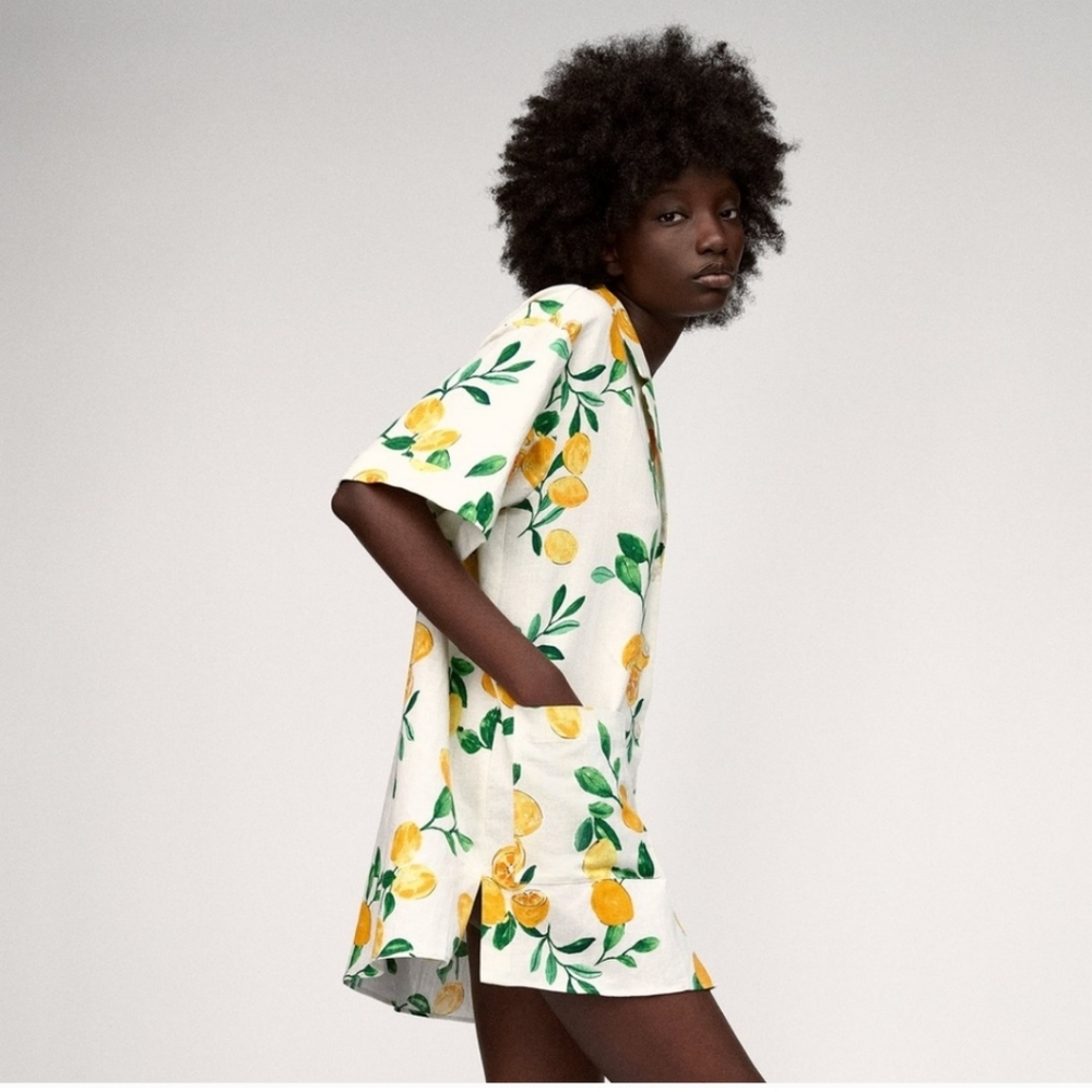 Zara Linen Blend Lemon Print Dress